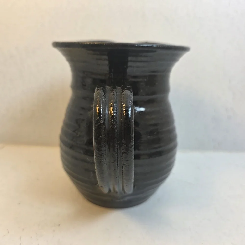 Vintage Studio Pottery Black Glazed Stoneware Pitcher‎ Ribbed Handcrafted Jug